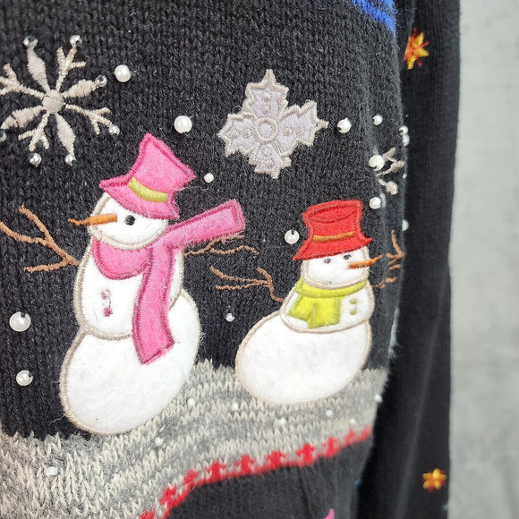 Designers Originals Studio Sweater Women’s LARGE Christmas Black Snowman Holiday - Picture 10 of 16